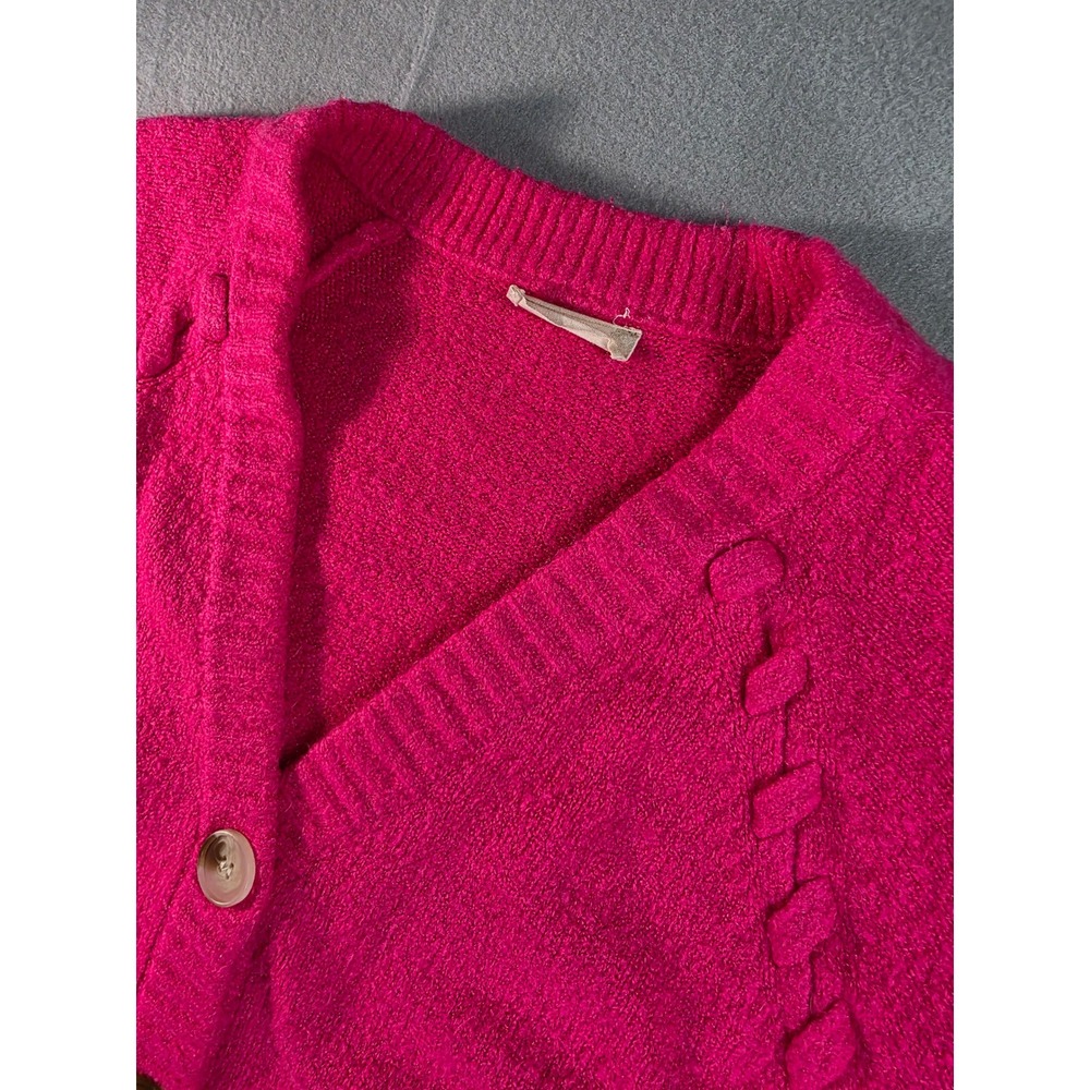 Altar'd State Hot Pink Cropped Cardigan Braided Shoulder Fuzzy Knit SweaterVNeck